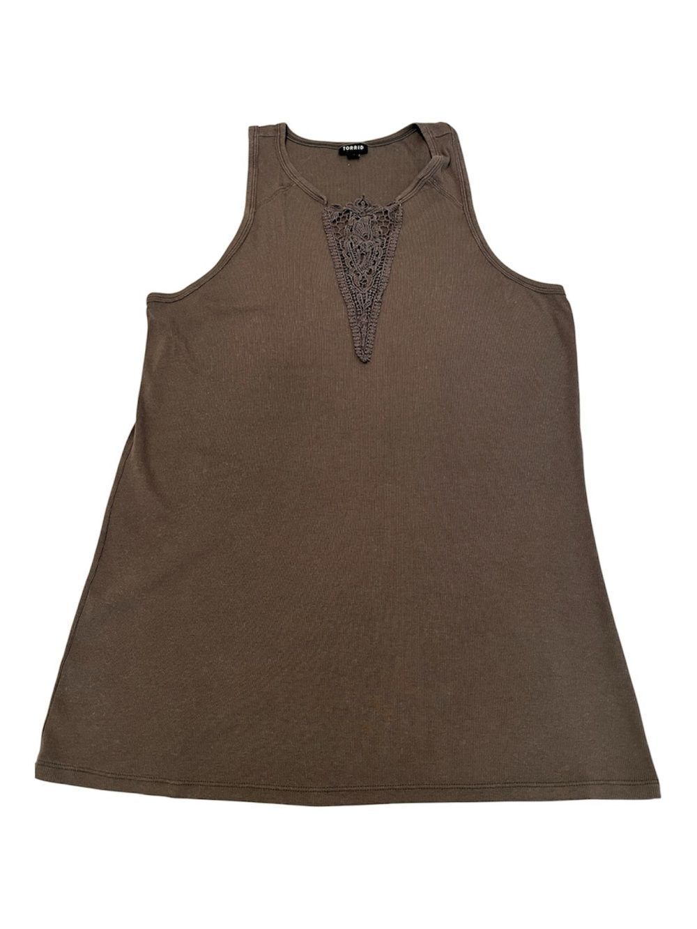 Torrid Size 3/3X Heathered Like Greenish Brown Crochet-Trim Racerback Tank EUC